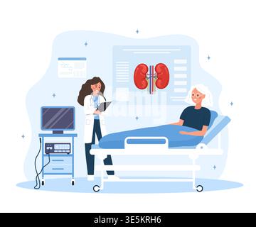 Kidney disease diagnosis. Internal organ health. Cartoon character design with doctor and patient in clinic. Dialysis therapy or renal failure. Human Stock Vector