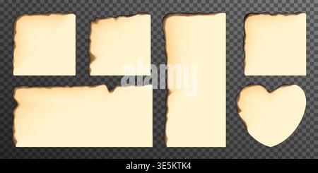 Old paper with burnt corner, fired edge of aged book sheet. Tear texture effect, round heart frame or square page with fiery border. Beige ripped Stock Vector