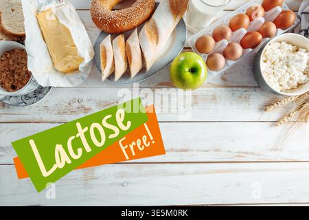Lactose gluten free food selection with different items on a wooden table Stock Photo
