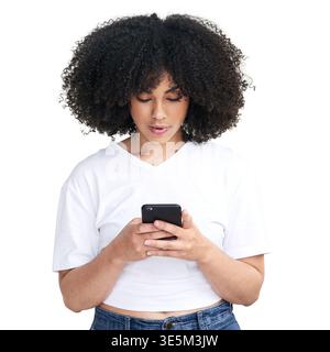 Text, scroll or woman in studio with phone, internet search or communication on online platform. Browse, digital or person on white background with Stock Photo