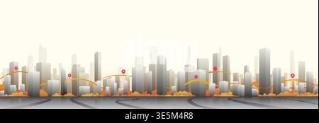 Geolocate the location in urban city. Urban landscape background with houses. Modern street area. Outside town homes panorama on skyline. Vector Stock Vector