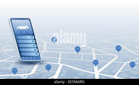 Smartphone displaying city map with taxi icon. Mobile application for booking cabs online, allowing users to select the right vehicle within the app Stock Vector