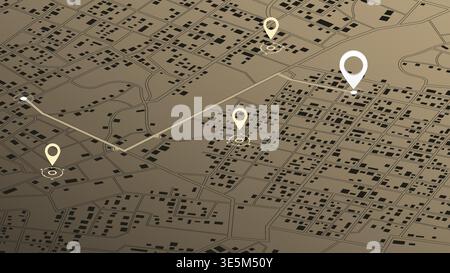 City map featuring directional signs, an intended goal point, and multiple markers. An abstract navigation plan highlights POI including city streets Stock Vector
