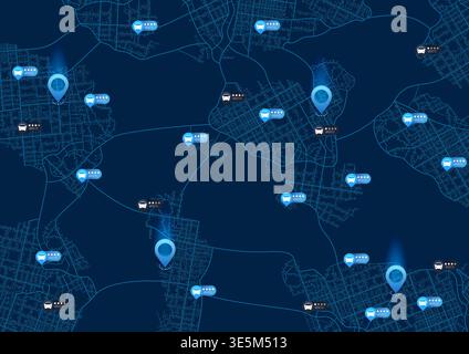 The concept of selecting a rental car on the map. Cars with different assessments of their condition. App for search, rent transport. Map location Stock Vector