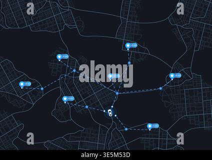 City map featuring directional signs, an intended goal point and multiple markers. An abstract navigation plan highlights POI including city streets Stock Vector