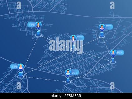Communication concept. People connected with each other around. Generic city map on background. Editable isometric, vector illustration. Stock Vector