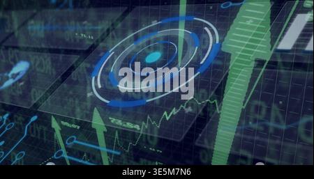 Displaying holographic financial dashboard on 3D grid, with concentric HUD and jagged green line Stock Photo