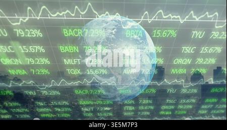 Displaying translucent Earth globe over hazy city skyline with green tickers, percent graphs, grid Stock Photo