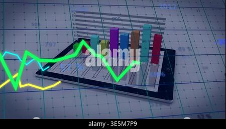 Displaying tablet showing 3D bars rising from screen in virtual dashboard, with neon line graphs Stock Photo