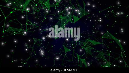 Forming green-node mesh on deep navy-black backdrop with white star points and blue nebula patches Stock Photo