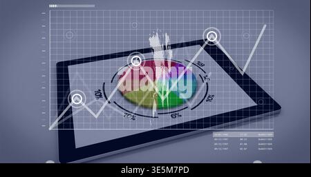 Displaying tablet showing colorful pie chart with metallic dart, grid overlay, line chart in studio Stock Photo