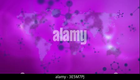 Displaying centered dot matrix world map on magenta digital canvas, molecular icons linking nodes Stock Photo