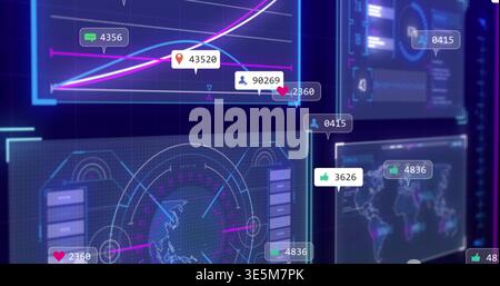 Showing glowing UI panels on dark blue screen, displaying trend graph, radar, numeric labels icons Stock Photo