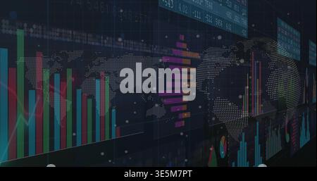 Displaying global analytics dashboard on dashboard with dotted world map, bar charts, tickers Stock Photo