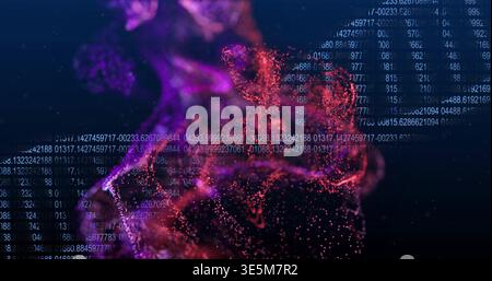 Swirling abstract particle cloud emitting numeric code overlay in virtual space, with glowing nodes Stock Photo