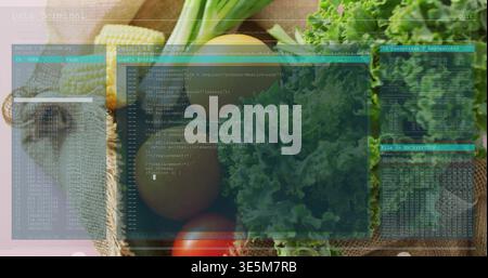 Displaying fresh produce resting on rustic kitchen counter, with kale, tomato, eggs and terminal UI Stock Photo