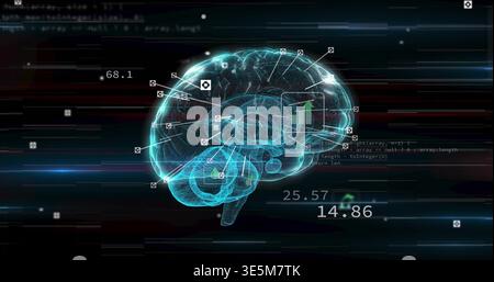 Displaying holographic cyan brain floating in virtual space, showing link lines and numeric UI data Stock Photo