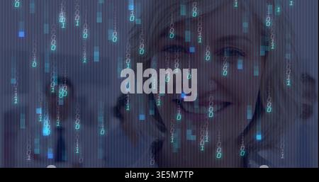 Smiling woman appearing amid binary code at office, with blurred coworkers wearing business attire Stock Photo