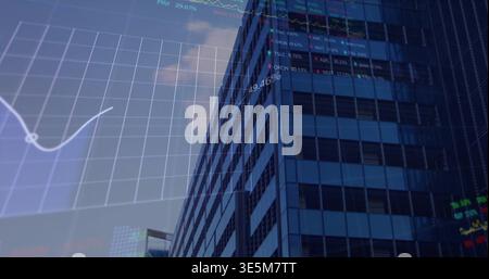 Rising office tower showing glass facade with financial graphics in urban district, copy space Stock Photo