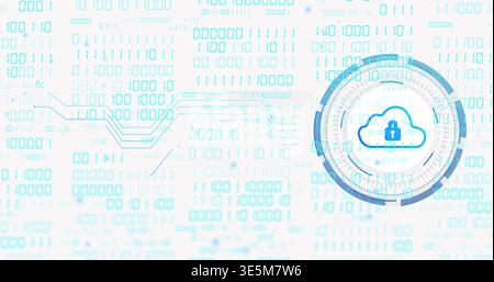 Displaying cloud padlock emblem inside circular HUD at UI with binary matrix, traces, copy space Stock Photo
