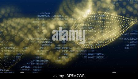 Flowing glowing golden ribbon and dotted node mesh sweeping virtual space, showing numeric strings Stock Photo