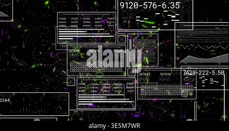 Displaying cluster of white-outlined data panels over neon field, showing keyboard grids, readouts Stock Photo