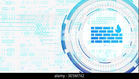 Displaying firewall icon within circular HUD in cybersecurity graphic, binary streaming, copy space Stock Photo