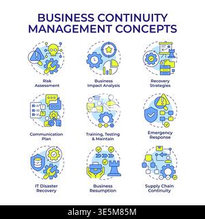 Business continuity management multi color concept icons Stock Vector