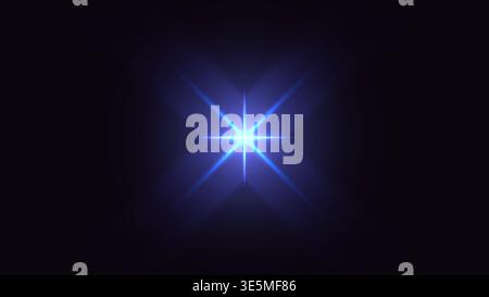 blue eight pointed star glows with radiant core and soft lens flare against a deep black background, cosmic light effect Stock Vector
