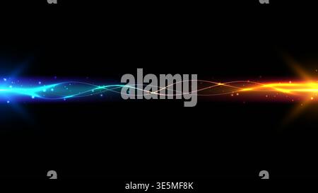 Abstract horizontal light streak with blue and orange gradient glowing waves and sparkling particles on black background for technology and energy con Stock Vector