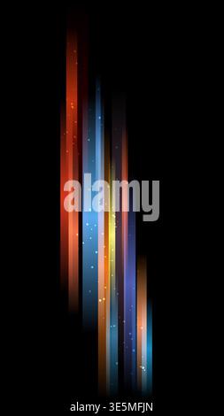 vibrant digital abstract vertical light streaks in orange and blue with glowing particles on black backdrop, modern energy and futuristic technology m Stock Vector