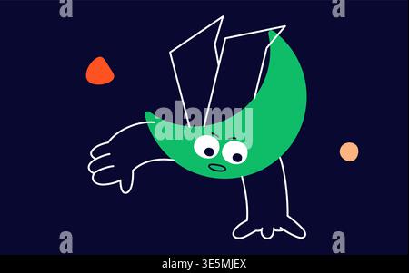 Geometric figure face made in a crescent green shape with arms and tiny legs. Stock Vector