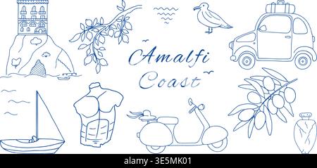 Amalfi Coast travel collection in hand drawn doodle style. Vector outline illustration of Italy summer symbols. Blue line art set. Design elements for Stock Vector