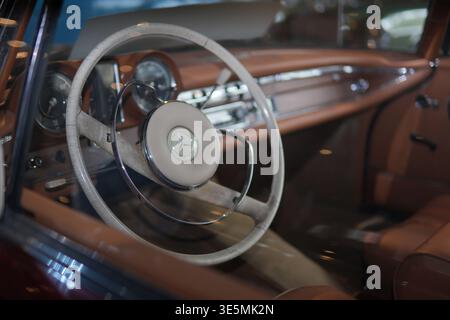 Shanghai march 2 2026 vintage German Mercedes car interior with wood steering wheel and leather dashboard showcasing luxury, retro design and Stock Photo