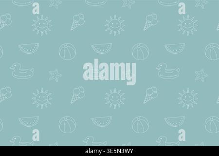 Summer pattern seamless doodle elements white line on background. Stock Vector