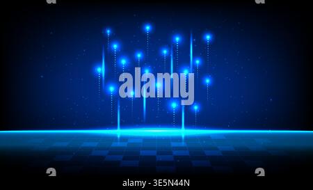 Abstract technology background with glowing blue light particles rising from a digital grid floor in cyberspace Stock Vector