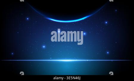 Abstract space background featuring a glowing planet curve, shining stars and a futuristic blue light horizon line Stock Vector