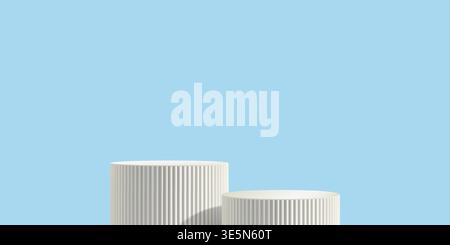 White poduim on sky blue bg, two ribbed pillar 3d column. Product marble stand, Light platform. Elegant pedestal, pastel cosmetic display. Museum Stock Vector
