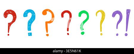 Question mark chalk hand drawn set, crayon texture doodle sketch. Question marks with speech bubbles, punctuation signs for collage. Vector illustration Stock Vector