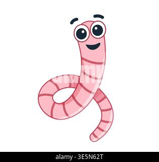 Pink worm, flat style. Earthworm is a cartoon character. vector Isolated illustration Worm on white background. Stock Vector