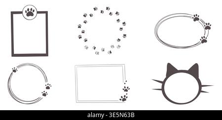Empty cute cat or dog, pet frame set, speech bubble with ears and tail, border with paw print. Doodle sketch hand drawn elements. Footprint badge, border divider. . Vector illustration Stock Vector