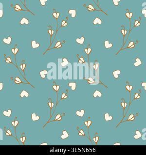 pattern with abstract golden branches and delicate heart-shaped white buds on a dusty teal background, perfect for romantic stationary, feminine branding, and elegant wedding textiles. Vector illustration Stock Vector