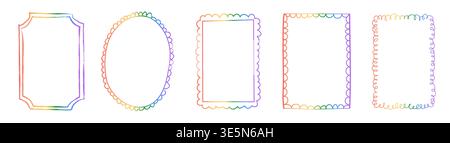 Set of hand drawn frames with wavy squiggle curly edges and rainbow gradient colors. Borders with abstract lines and retro scalloped patterns for Stock Vector