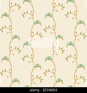 minimalist floral pattern featuring turquoise blossoms and delicate golden vine-like stems on a warm cream background, perfect for vintage-style textiles, elegant home wallpaper, and boutique gift packaging. Vector illustration Stock Vector