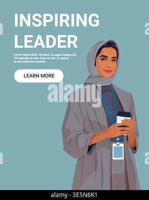 Inspiring leader confident businesswoman in hijab holding coffee wearing badge blue background professional portrait website banner Stock Vector