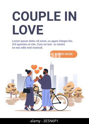 Couple in love romantic city park scene man and woman holding hands near bicycle autumn trees urban skyline hearts modern web banner Stock Vector