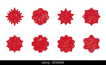 Starburst red labels, price tags crayon scribble texture, discount badge set. Sale circle sticker. Wavy, scallop edge promo blank. . Vector illustration Stock Vector