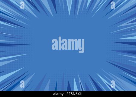 Abstract blue comic book rays explosion background. Pop art speed lines halftone zoom design.  Stock Vector