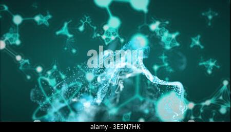 Pulsing central particle cloud forming node network in digital scene, with glowing orbs, filaments Stock Photo