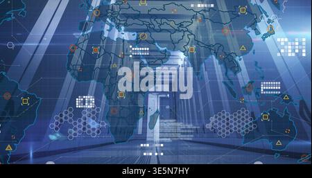 Displaying central server racks lining corridor inside data center, projecting world map overlay Stock Photo